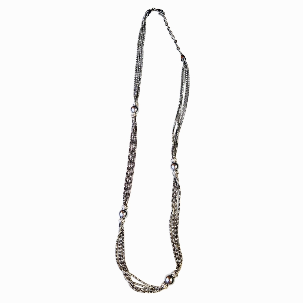 Silver Multi-Strand Chain Necklace w/ Metallic Beads | Adjustable Length